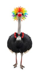 Ostrich dressed as a clown with a colorful wig, red nose, and bow tie. Humorous and surreal animal portrait on white background