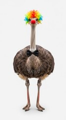 Ostrich dressed as a clown with a colorful wig, red nose, and bow tie. Humorous and surreal animal portrait on white background