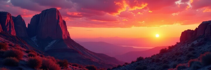 Obraz premium Fiery sunset hues paint Cathedral Rock's majestic silhouette , photography, nature