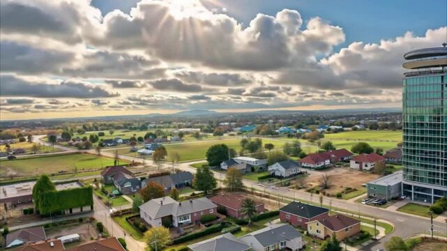 Aerial Drone Flyover of Expanding Suburban and Urban Developments at Golden Hour with Cinematic Lighting, City Infrastructure, Modern Homes, Green Spaces, Roads, and Dramatic Sunlit Shadows