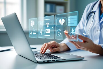 Healthcare Professional Interacting with Futuristic Digital Medical Interface on Laptop Screen