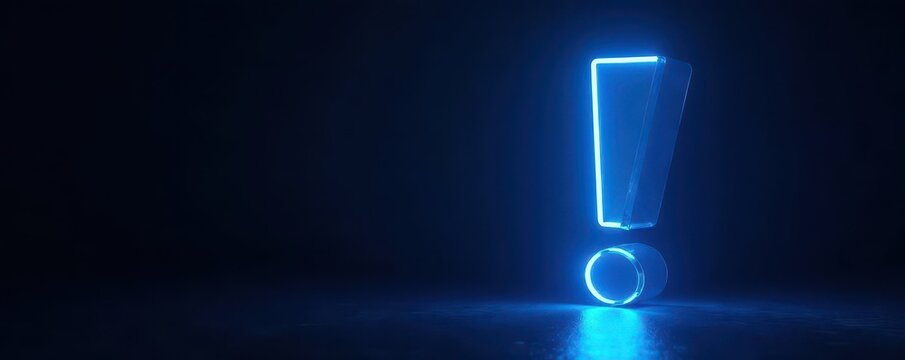 Vibrant blue neon exclamation point against a stark black backdrop , sharp, light, night