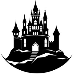 Obraz premium Black silhouette of a fantasy castle with tall towers and arched entrance on a hilltop symbolizing fairy tale kingdom magic medieval architecture mystery royalty fortress and enchanted storybook scene