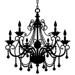 Black silhouette of an ornate vintage chandelier with candle-style lights and decorative crystal details symbolizing luxury interior lighting elegance antique decor classic design and formal ambiance 