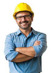 PNG Engineer in a blue shirt and yellow helmet hardhat smiling worker.