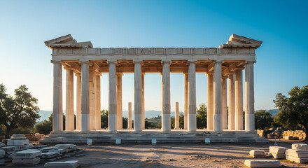 Fototapeta premium Ancient stone temple structure, classical columns, serene landscape.