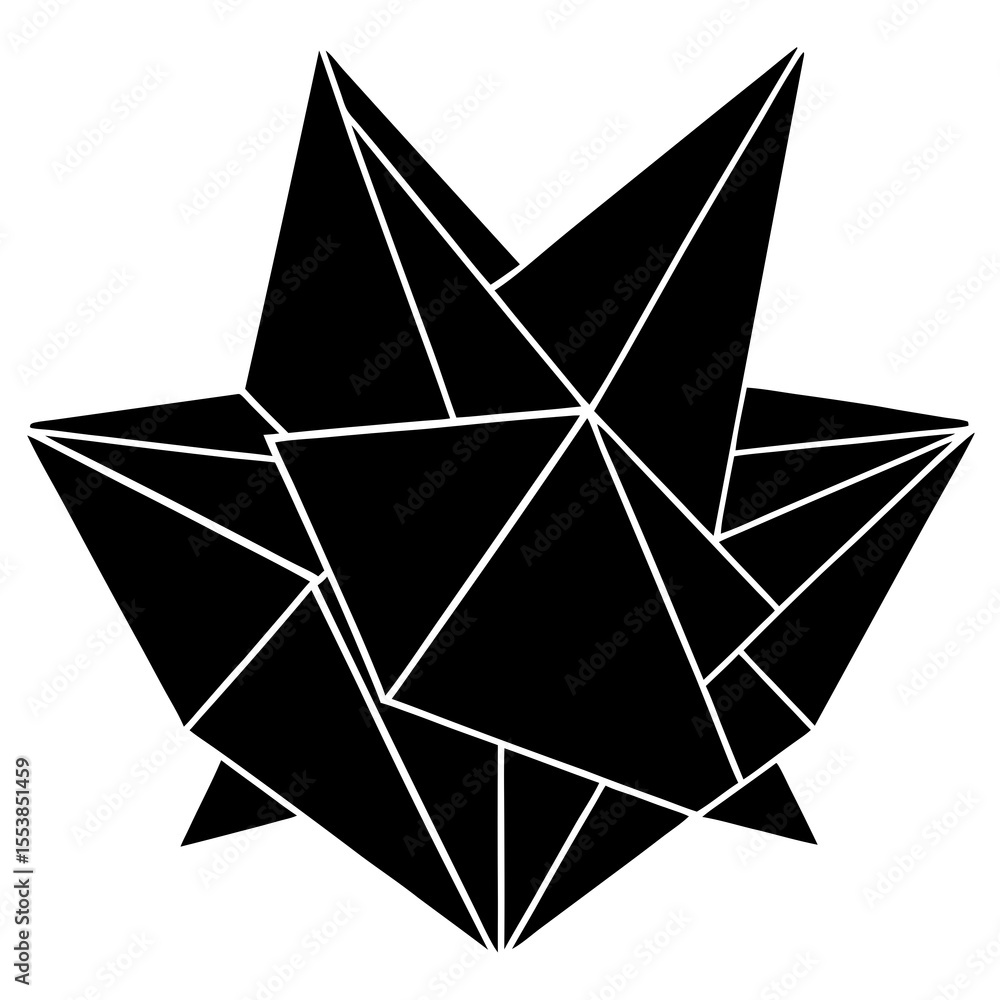 Poster abstract geometric star shape silhouette composed of triangular facets in black and white vector sty