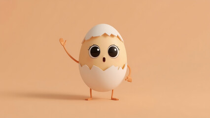 Fototapeta premium Cute cartoon egg character with arms and legs waving hello