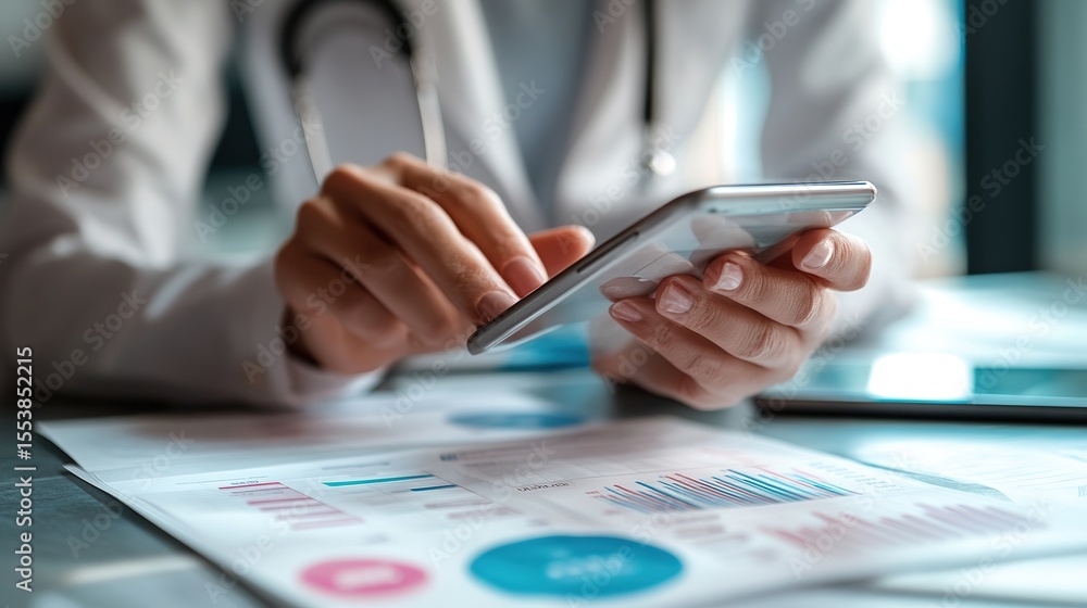 Poster a professional uses a smartphone and stylus to analyze financial charts and data on printed document