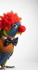 parrot dressed as a clown with a colorful wig, red nose, and bow tie. Humorous and surreal animal portrait on white background