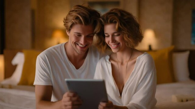 Couple Reviewing Packing List on Tablet for Their Trip