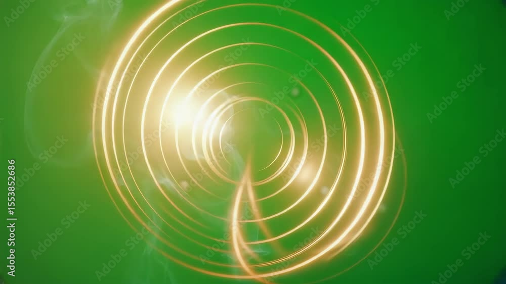 Poster glowing concentric circles and wispy smoke patterns on a vibrant green colored background design