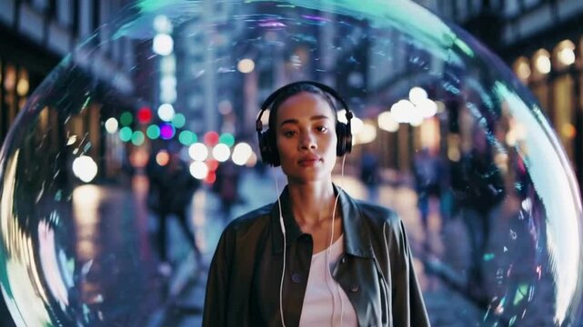 Young woman wearing headphones inside giant bubble in busy city street, urban solitude and escape concept