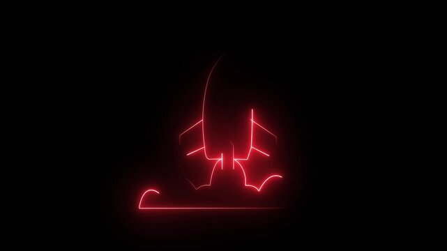Abstract glowing neon light rocket icon animation on black background. animated rocket logo with glowing neon lines. Rocket ship icon on black background. 4k video.