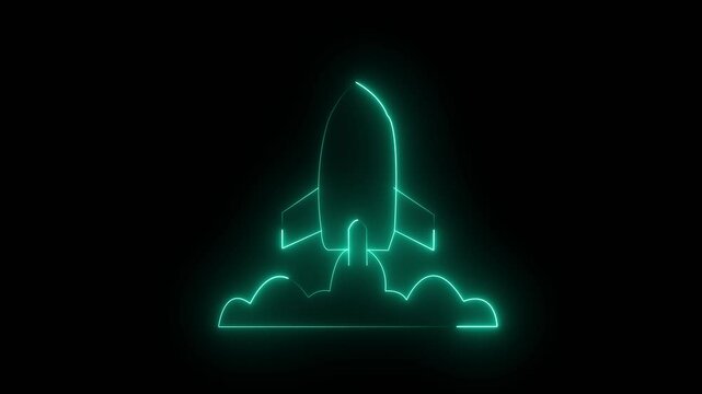 Abstract glowing neon light rocket icon animation on black background. animated rocket logo with glowing neon lines. Rocket ship icon on black background. 4k video.