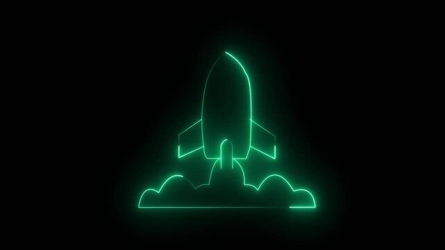Abstract glowing neon light rocket icon animation on black background. animated rocket logo with glowing neon lines. Rocket ship icon on black background. 4k video.