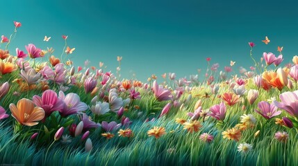 easter field background green grass and flowers