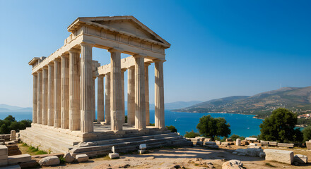 Ancient Greek temple ruins overlooking a serene coastal landscape.  The temple's ionic columns stand majestically against a clear blue sky and calm sea.