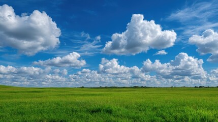 Obraz premium Landscape view of green grass field with blue sky background