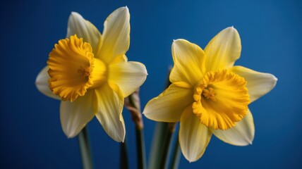 Fototapeta premium Close-up of yellow daffodils against blue background