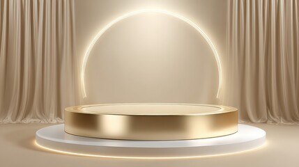 Luxurious golden podium with glowing light sits on a white platform
