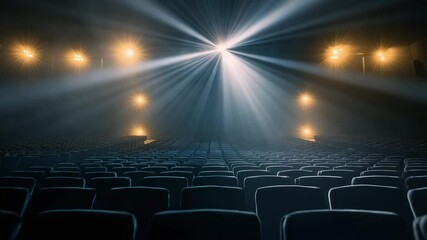 Empty movie theater with dramatic light beams from a projector shining through a hazy atmosphere. Rows of empty seats in a dark cinema hall, entertainment concept.
- Powered by Adobe