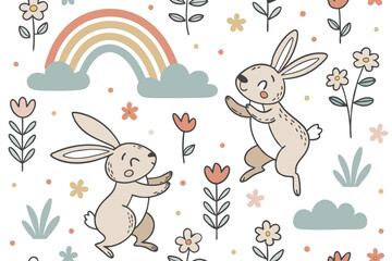Childish and playful seamless pattern with cute bunny