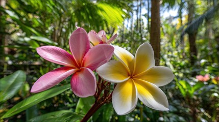 Fototapeta premium Two plumeria flowers in a tropical garden.