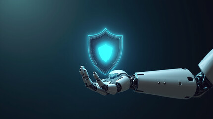 robot hand holding shield icon, artificial intelligence defense, sci-fi tech lighting