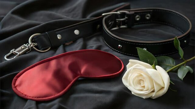Sensual adult items on dark fabric, including leather collar, strap, and sleep mask.  Intense red sleep mask contrasts with black leather accessories.  Romantic white rose adds touch of elegance 