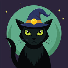 Witch's black cat with glowing eyes, vector illustration, moon background.eps