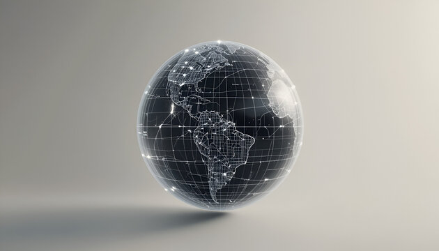 Digital earth globe showcases global connectivity and technology in a minimalist style with a network design on a neutral background.
