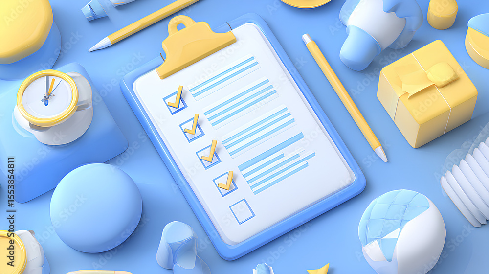 Poster 3d white paper task management todo check list, efficient work on project plan, fast summary, assign