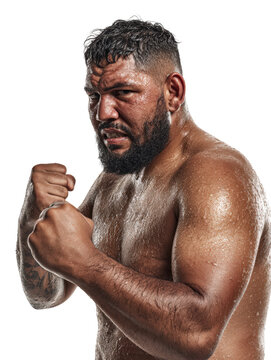 Front stance Hispanic heavyweight boxer sweating effort transparent backdrop