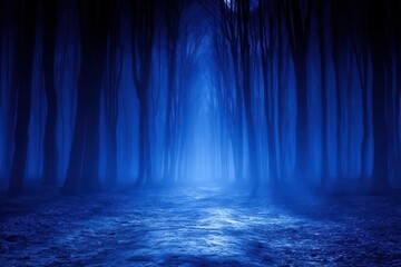 Through the forest, a road with a blue tone stretches, mysterious and obscured, alongside a footpath that disappears into the dark, foggy, and misty depths of autumn