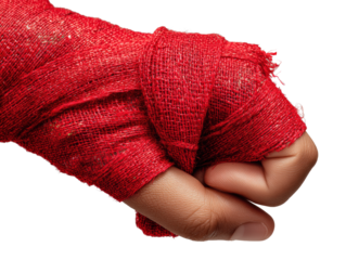 Tightening red hand wrap securing wrist for powerful strikes isolated