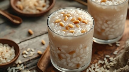 Chilled glass of sweet rice drink floating rice grains and pine nuts macro photography with shallow depth of field DSLR or mirrorless camera with macro lens 50mm f28 or 100mm f28
