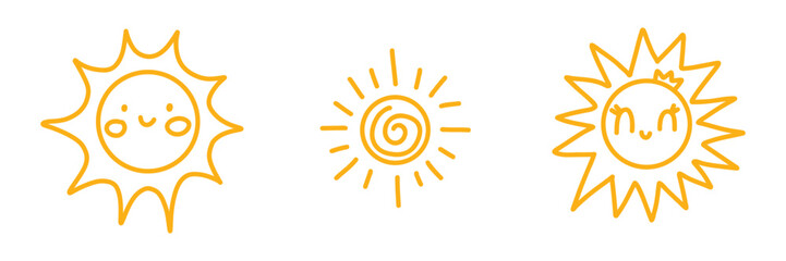 Cute sun collection. Happy cartoon characters. Summer hand drawn sunshine set for childish cards, invitations, posters, stickers. Yellow kids faces icons. Vector illustration