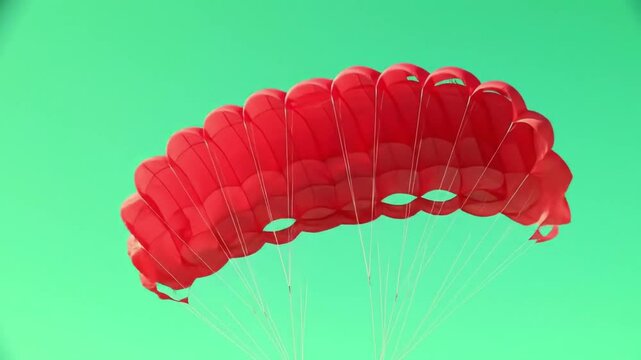 A vibrant red parachute floats gracefully in the sky against a teal background