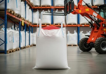 Red plastic pellets in an open bigbag, background: warehouse with raw material pallets and electric loader