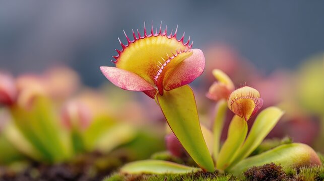 Close-up view of vibrant Venus flytrap plants.