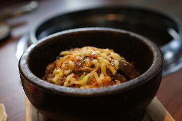 sliced beef on topped rice bowl with egg