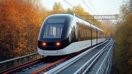 Naklejka premium A sleek modern train travels on elevated tracks surrounded by autumn trees with golden leaves in a serene, rural setting.