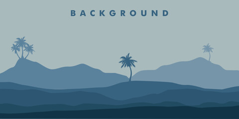A landscape in blue and gray tones with silhouettes of undulating mountains, plants and palm trees gradually disappearing into the fog.