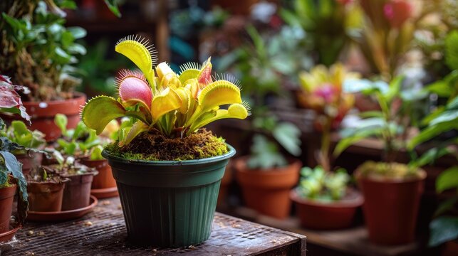 Venus flytrap in a pot, vibrant colors and details.