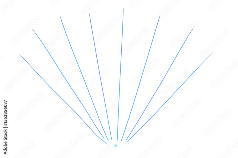 Poster multiple blue rays of light are converging towards a central point on a transparent background, crea