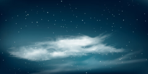 night sky with a dark gradient, dotted with small stars. Several light, fluffy clouds are visible in the foreground, floating horizontally.