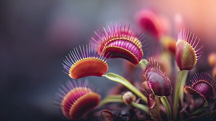 Close-up of vibrant Venus flytraps in a garden setting.