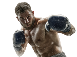 Driving uppercut white male boxer releasing energy isolated