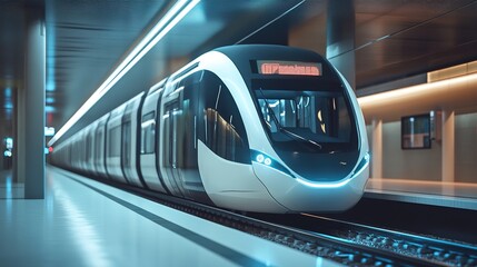 A sleek, modern subway train stands at an underground station platform, illuminated by cool blue and warm orange lighting.